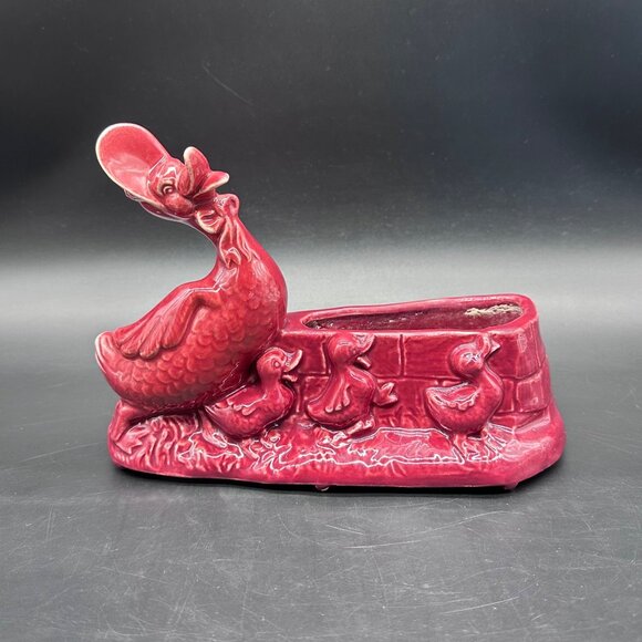 Vintage Duck Planter Mid Century Red Ducklings Kitschy Spring Easter Maroon - Picture 2 of 11